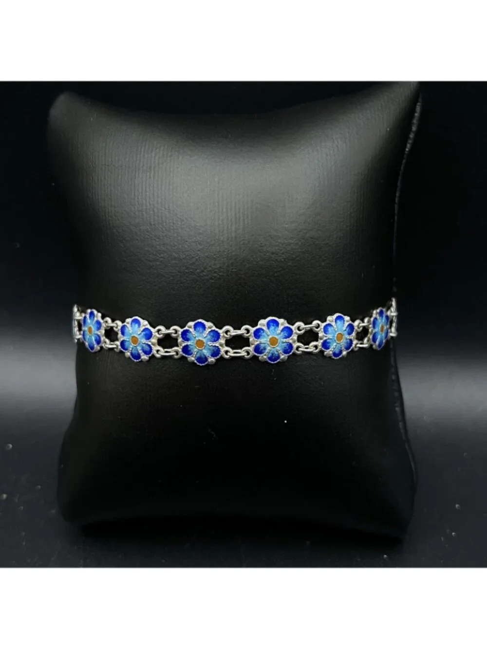 Vintage Sterling Silver Blue Enamel Forget-Me-Not Panel Link Bracelet 7.5